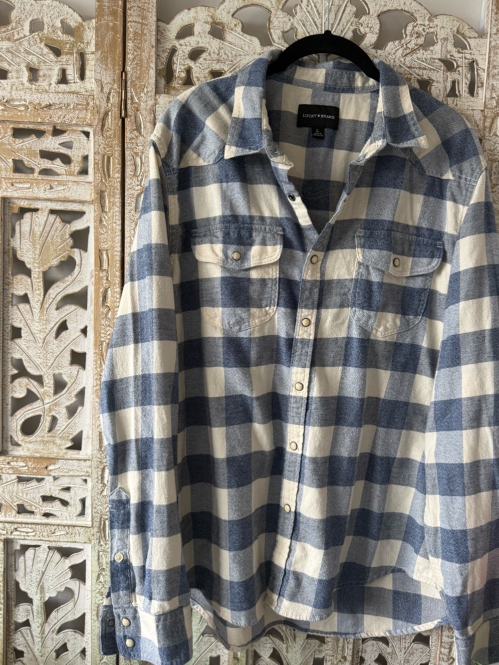 Lucky Brand Blue and Cream Checked Button-Up Shirt